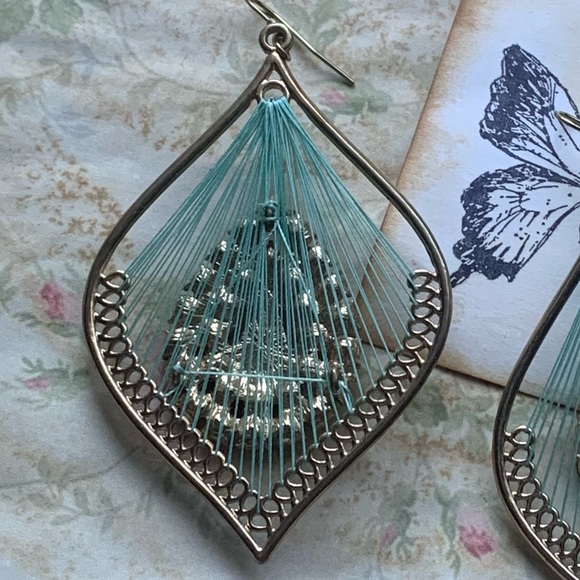 Stunning Blue Green Thread & Rhinestones Large Bohemian Earrings Woman’s Jewelry - Picture 5 of 5